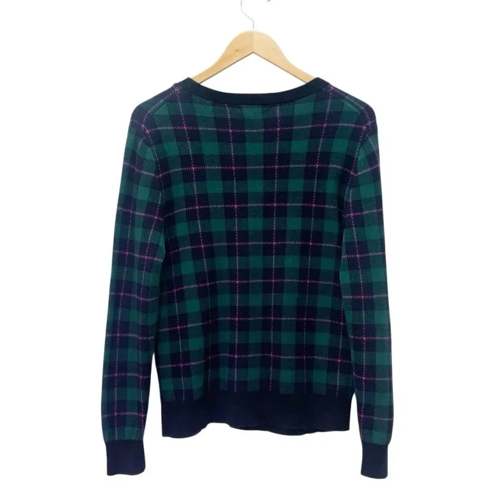 J. Crew Tartan Teddie Sweater Size Small Academic Green Plum Plaid Cotton Jumper